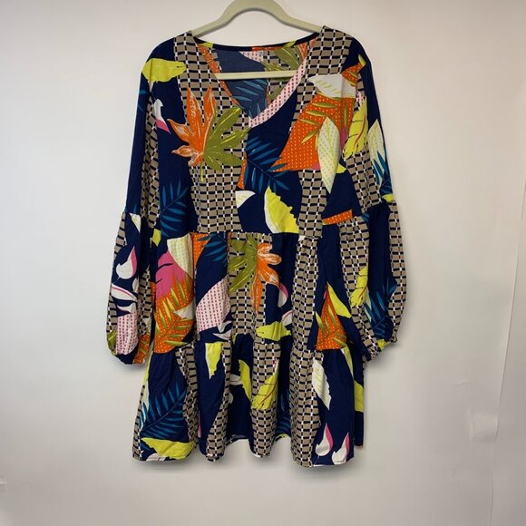 Mini bohemian dress SZ 2X bishop sleeves dropped waist abstract leaf print - Picture 1 of 14